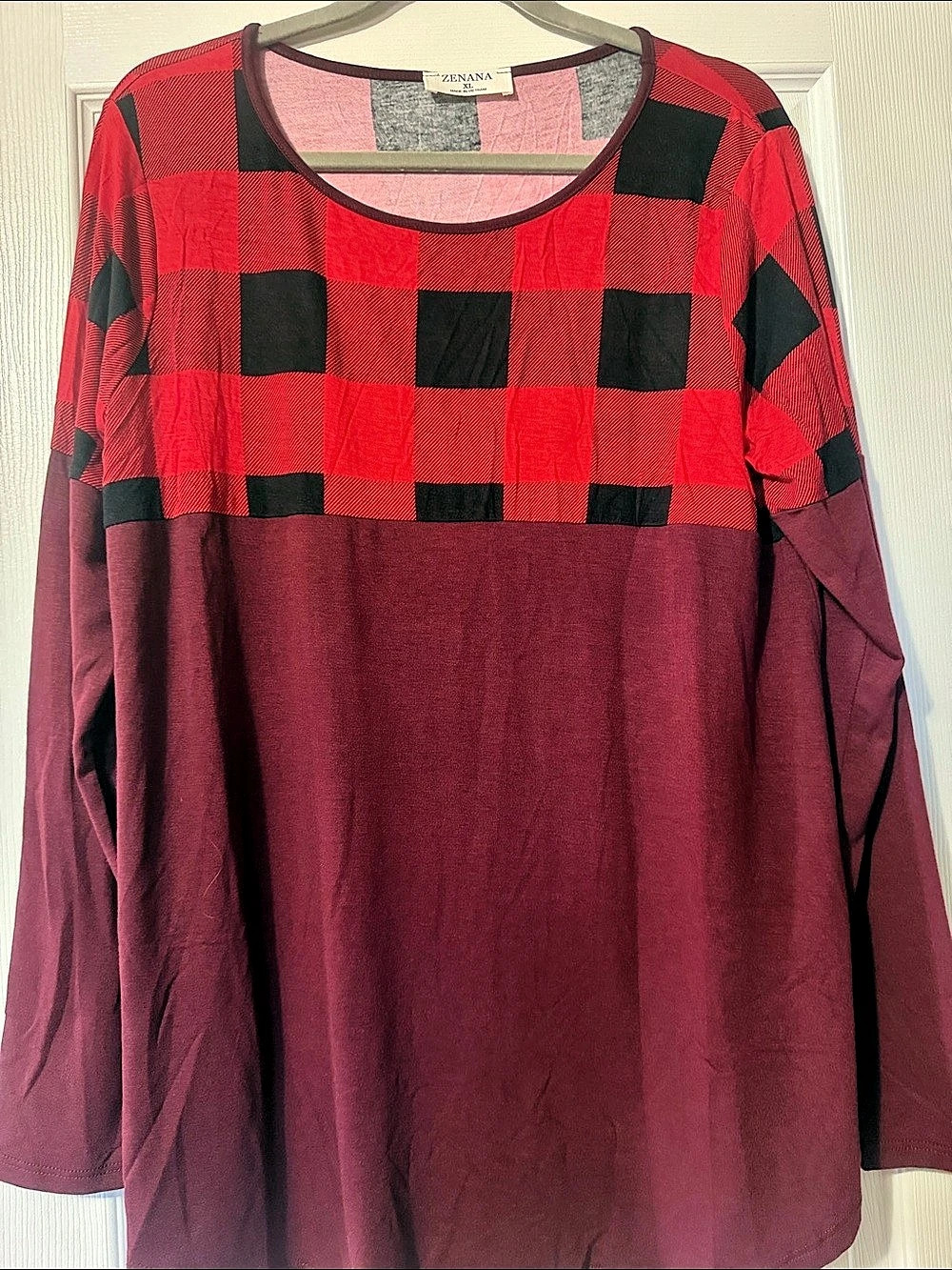 ZENANA Plaid Long Sleeve Tunic in Red & Burgundy Size XL